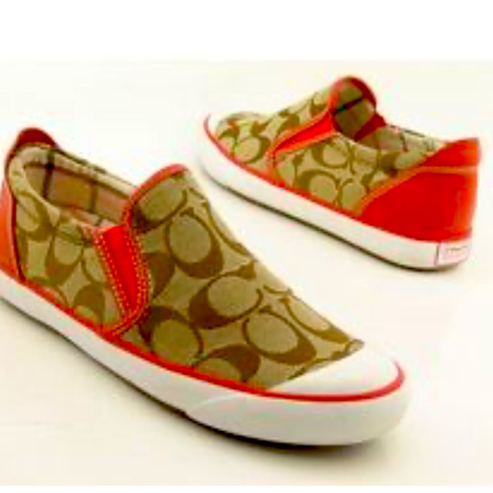 Coach Tan Signature Canvas Slip-Ons with Red Trim